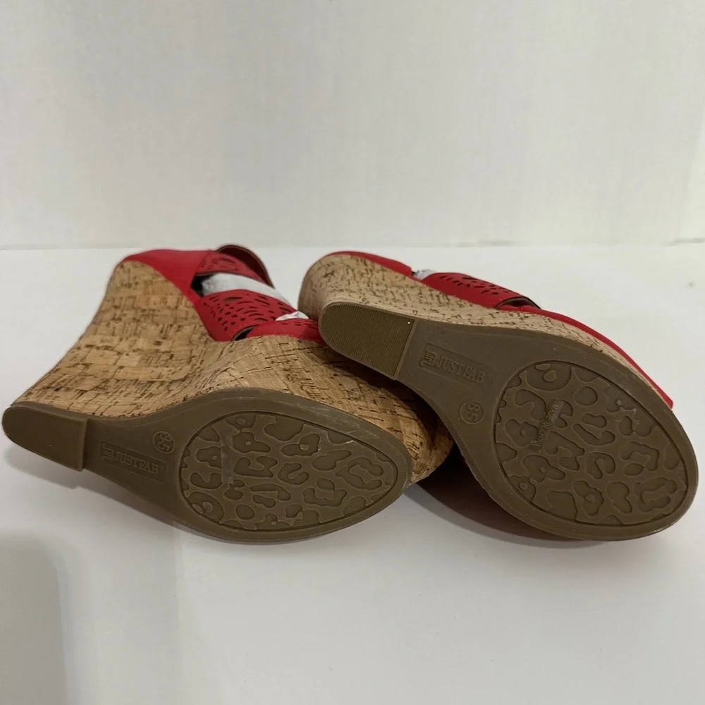 NIB JustFab Red Laser-Cut Cork Wedge Platform Sandals “Amalia” Size 8.5